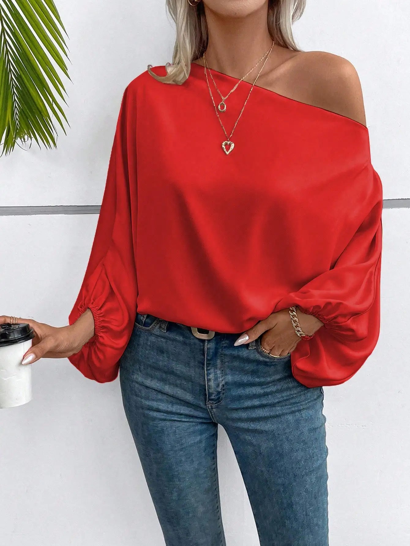 Red Asymmetric One Shoulder Blouse with Lantern Sleeves for Women Casual Wear