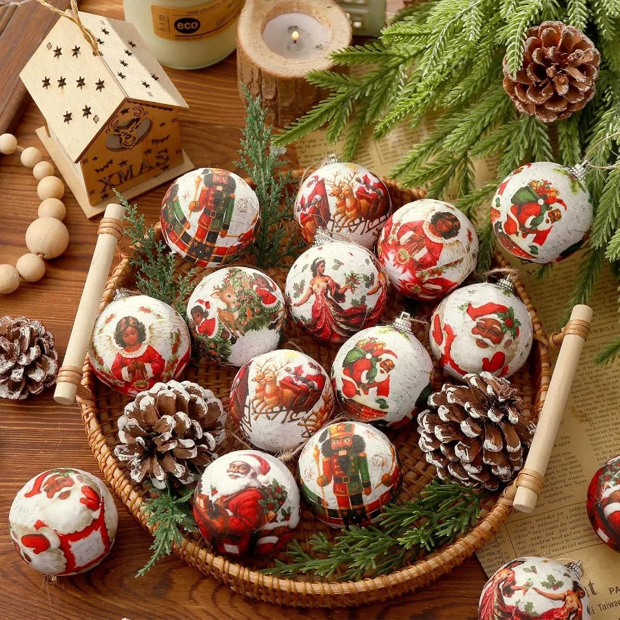 Outus 16 Pcs Santa Claus Black Ball Ornaments for Tree African American Christmas Hanging Ornaments Santa Claus Black Christmas