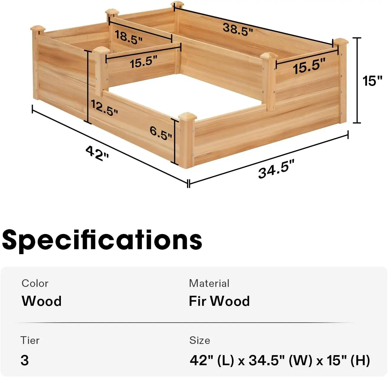3-Tier Wooden Raised Garden Bed, 42.5x34.5x15 Inches Elevated Planter Box with Screwdriver for Outdoor Planting