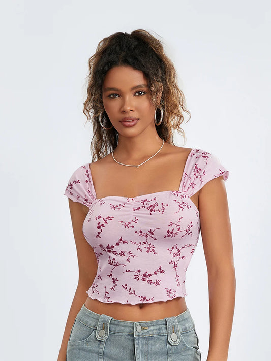 Women Crop Floral T-Shirts Summer Short Sleeve