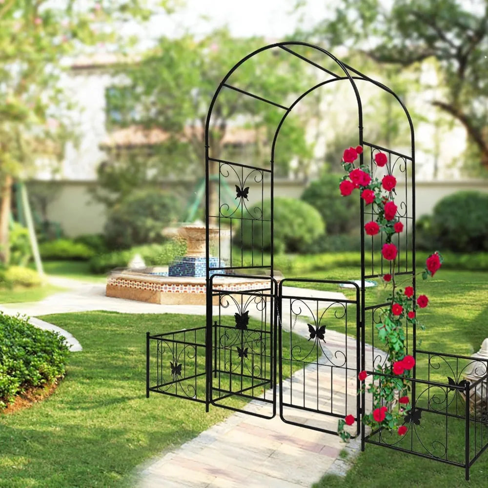 Metal Garden Arch with Gate and 2 Plant Stands, Garden Arch Trellis for Climbing Plants Outdoor, Garden Arbor