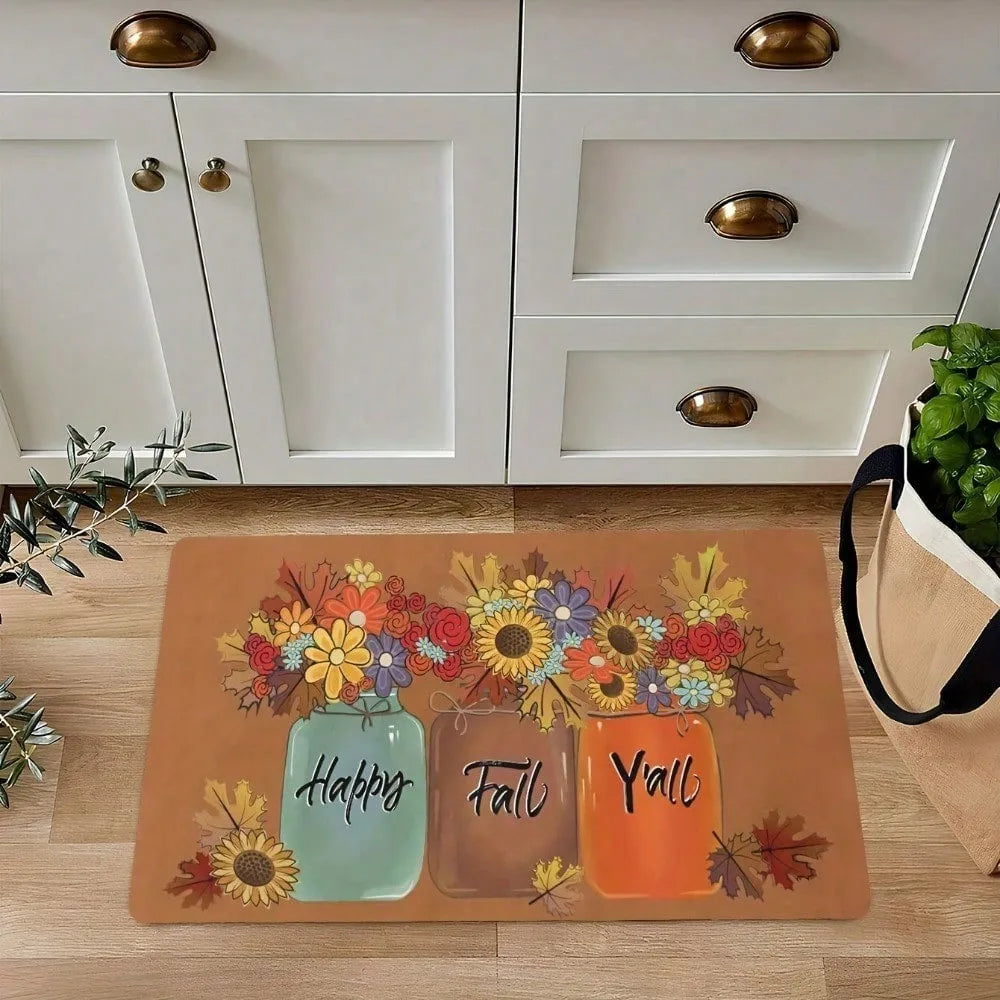 1pc "Happy Fall Y'all" autumn flowers leaves pattern rubber floor mat water-absorbent non-slip bathroom kitchen Autumn decor