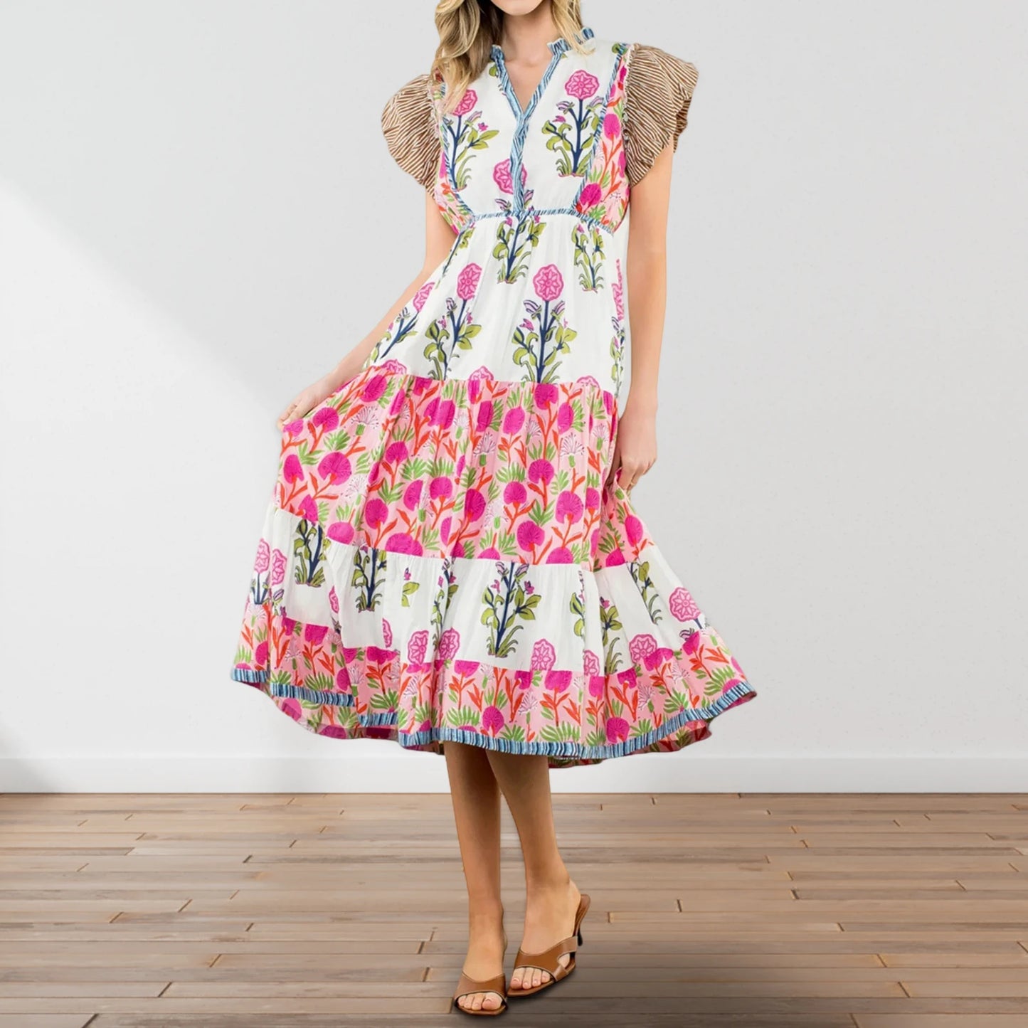 Elegant Boho Style Maxi Dress with Ruffle Sleeves and V-Neckline