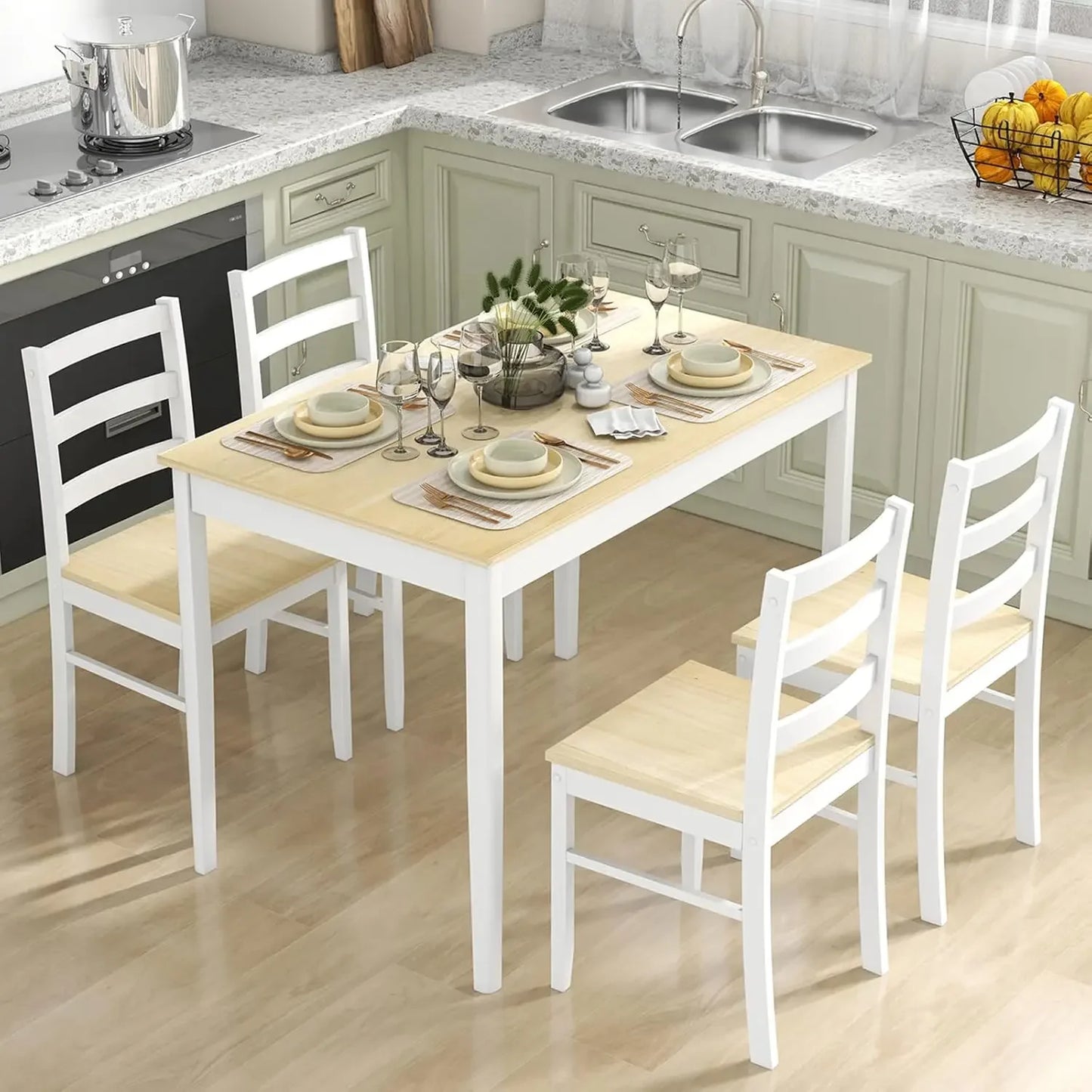 Dining Table Set for 4, Farmhouse Solid Wood