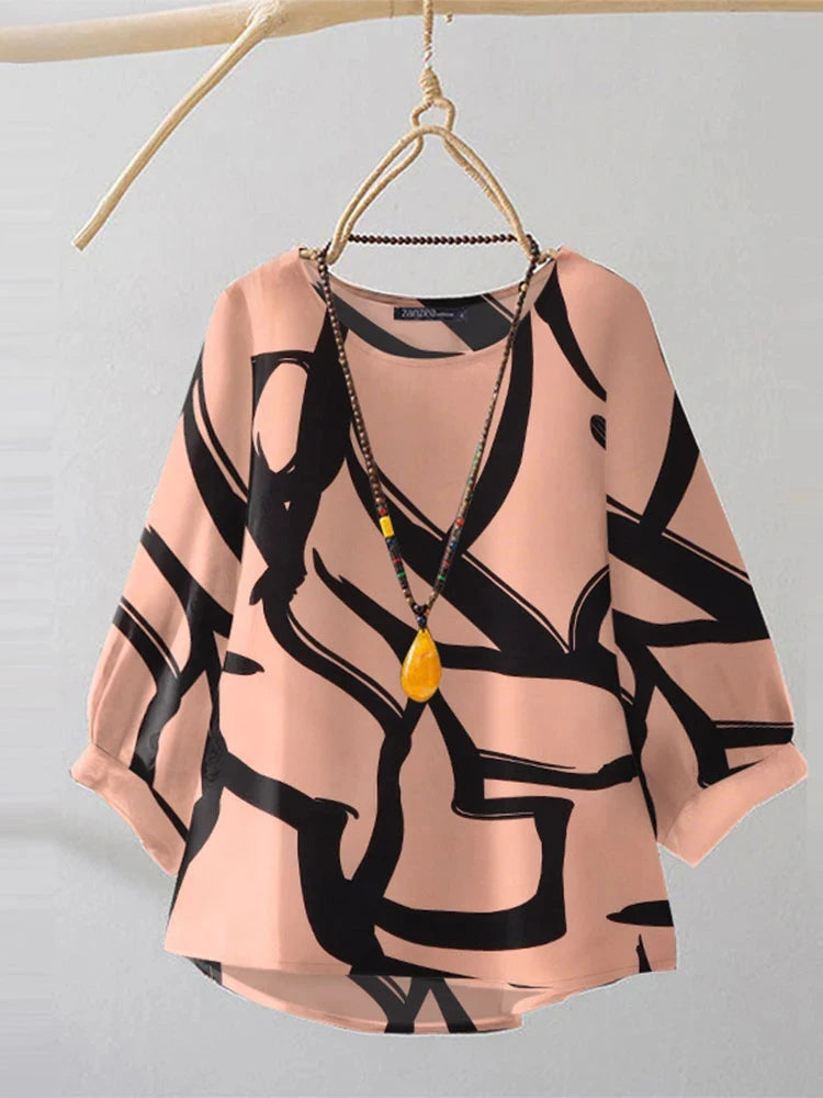 Vintage Line Printed Blouse Fashion 3/4 Sleeve Tunics Holiday Autumn Tops Casual Women Office Lady