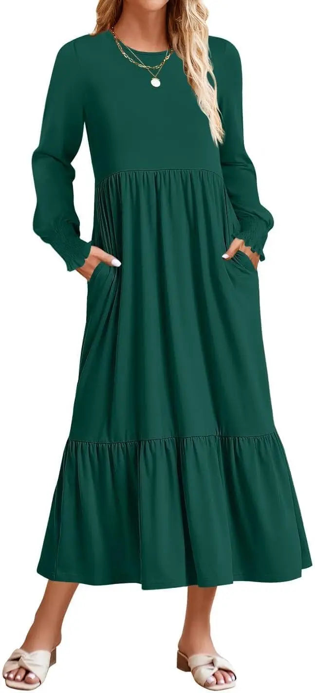 Women's 2025 Fall Long Sleeve Dress Crewneck Casual Loose Pleated Tiered Swing Midi Dresses with Pockets