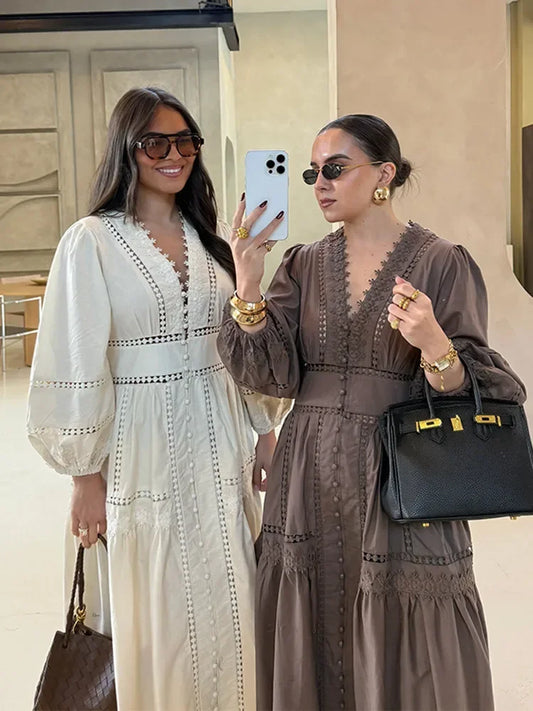 Lace Long Dresses Women Hollow Out V-neck Full Puff Sleeves Loose A line Dress Female Autumn Fashion Holiday Beachwears New