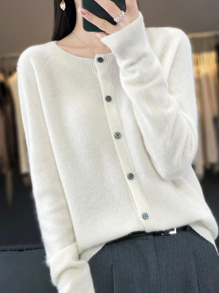 Long Sleeve 100% Merino Wool Sweaters Cashmere Cardigan Spring Autumn Women O-Neck Knitwear