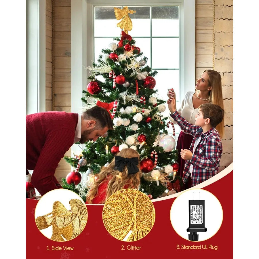 Christmas Angel Tree Topper with Builtin LED Snowflake Projector Lights Hollowed Pentagram Tree Top with Gold Spangles Plated