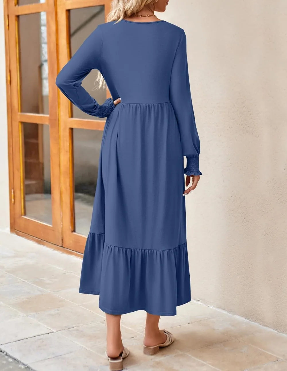 Women's 2025 Fall Long Sleeve Dress Crewneck Casual Loose Pleated Tiered Swing Midi Dresses with Pockets