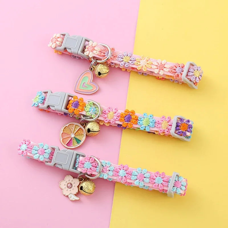 Fashion Rainbow Flower Cat Collar With Bell Kitten Puppy Necklace Adjustable Buckle Lace Kitten Collar Dog Accessories