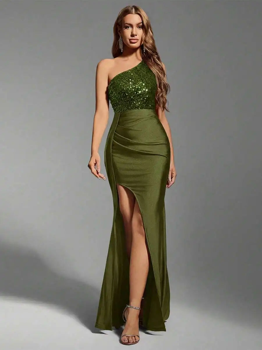 One-Shoulder Sequin Bodice High Slit Maxi Dress