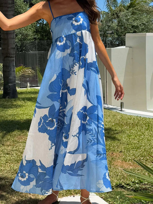 Elegant Floral Print Sleeveless Maxi Dress with Adjustable Spaghetti Straps
