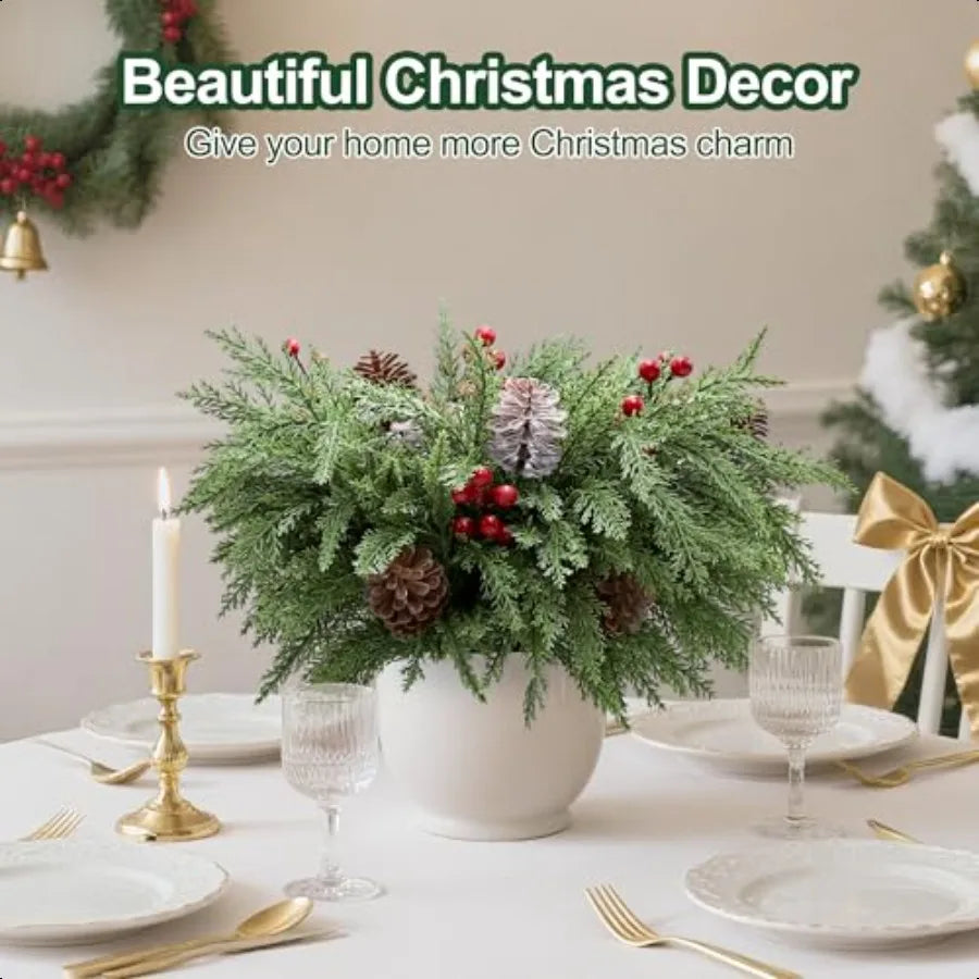 24PCS Christmas Pine Branches Decorations Artificial Pine Branches with Red Berry Stems and Pinecones