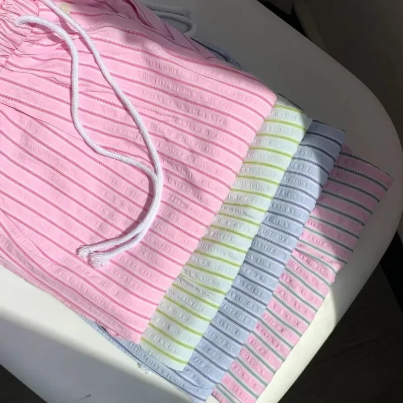Casual Striped  Drawstring Straight Pant  Women Loose Holiday Pants Preppy Sweet Pink High Waist Office Trousers