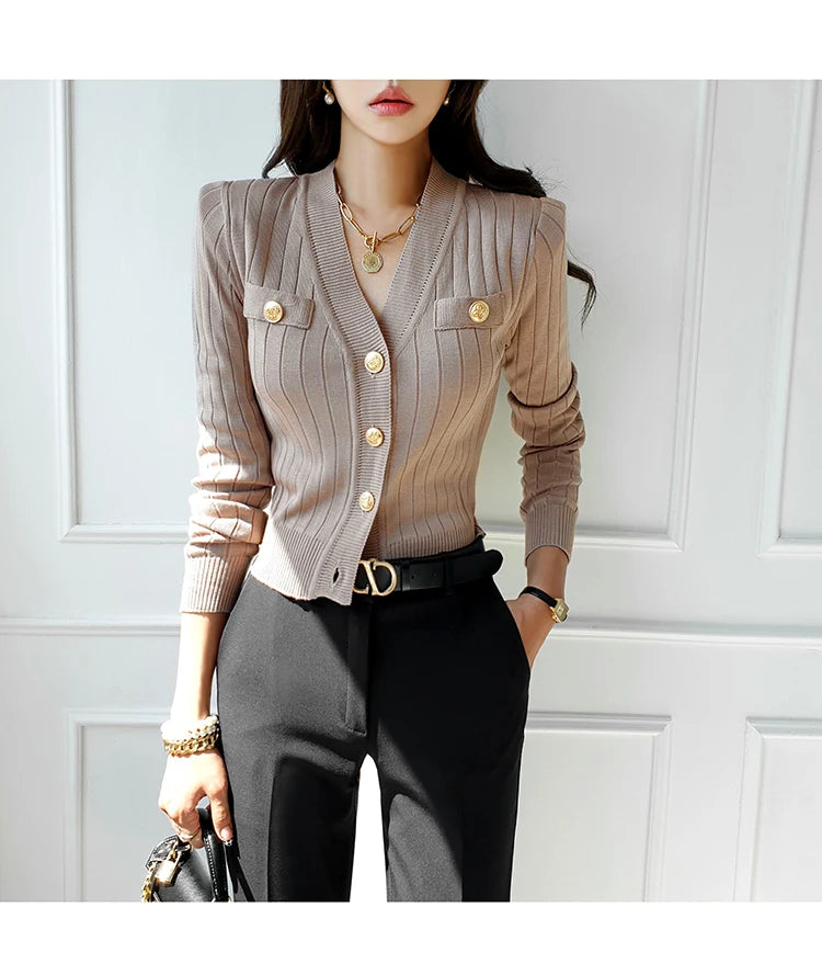 Korean Chic V-Neck Knitted Cardigan Sweater For Women Casual Basic Long Sleeve Cardigans Autumn Vintage Sweaters
