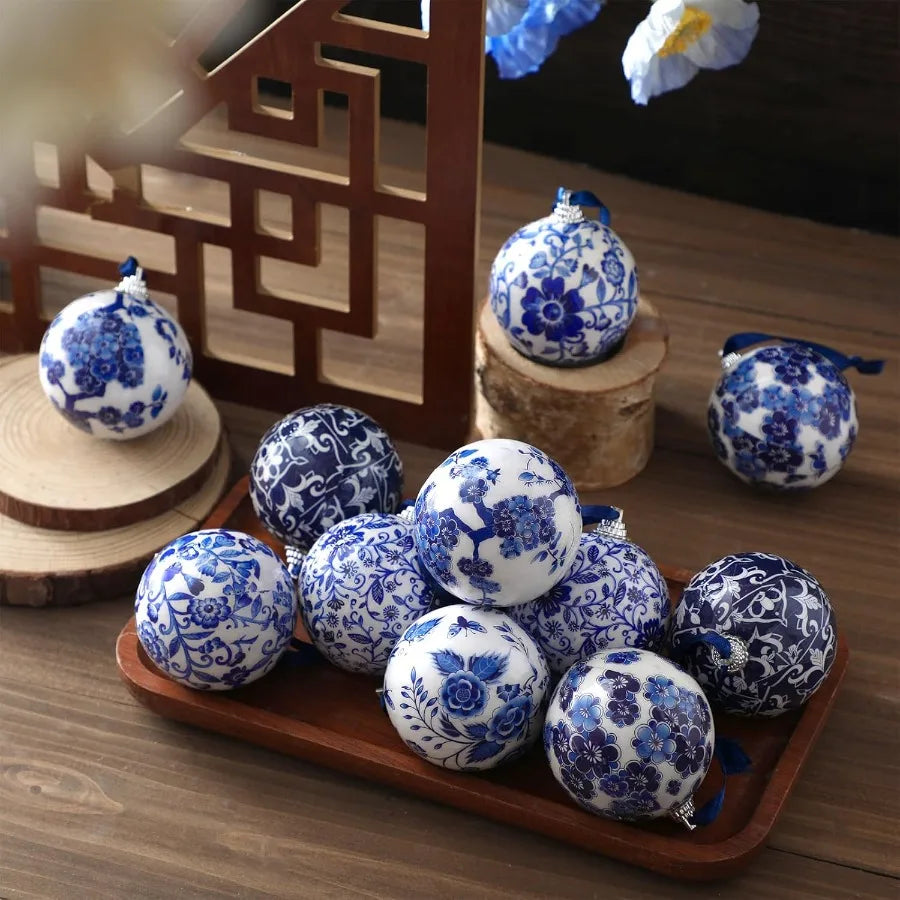 12 Pcs Chinoiserie Christmas Ornaments 2.36 Inch Blue White Ball Ornaments with Ribbon for Christmas Tree Home Party Decor