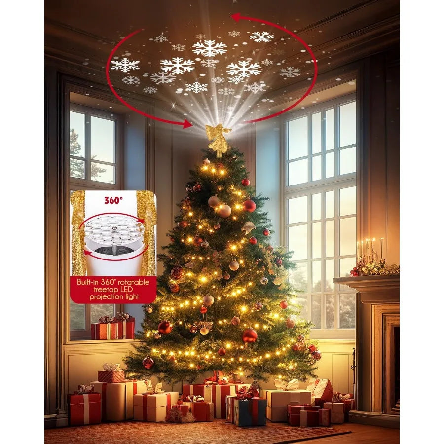 Christmas Angel Tree Topper with Builtin LED Snowflake Projector Lights Hollowed Pentagram Tree Top with Gold Spangles Plated