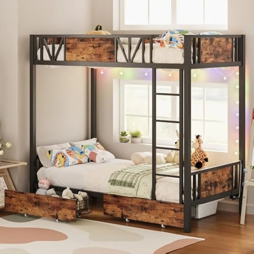 Bunk Bed  with Power Outlet and Drawers,
