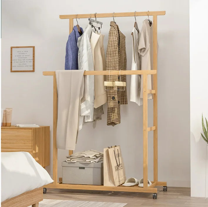 Bamboo Clothes Rail Rack Double Hanging Rails Clothes Rack on Wheels