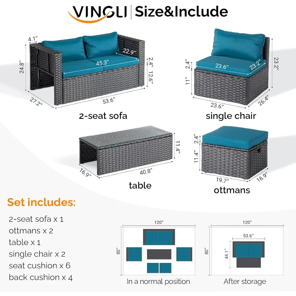 6 Pieces Wicker Patio Furniture Set, Outdoor Sectional Furniture Patio Conversation Set Space-Saving Design with Ottomans