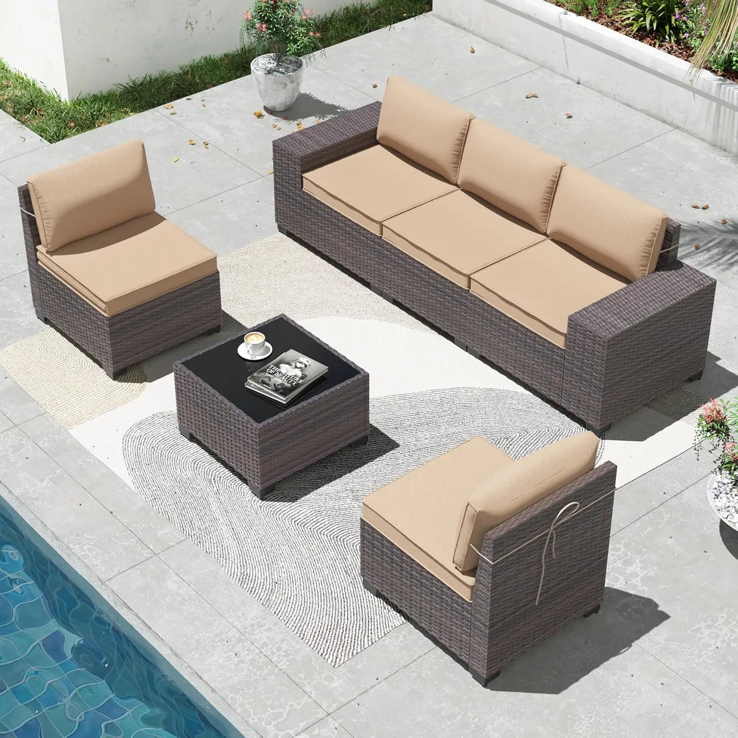 6 Pieces Patio Furniture Sets with Glass Tea Table,PE Rattan Wicker Patio Conversation Set with Washable, Customized