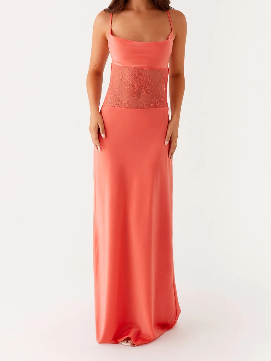 Elegant Floral Embroidered Maxi Dress with  Adjustable Spaghetti Straps