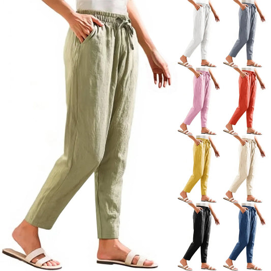 Women Cropped Pants Cotton Linen Baggy Trousers