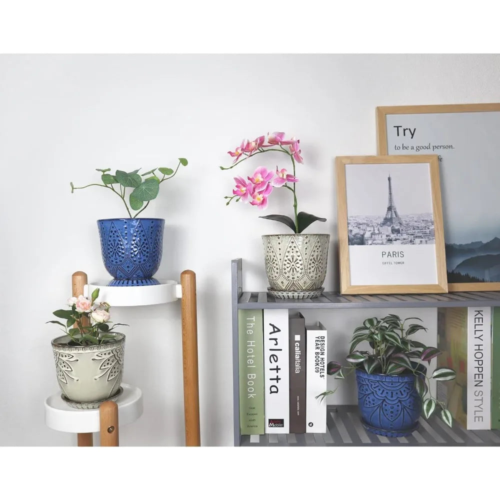 6 Inch Ceramic Planter Set of 2 with Drainage Hole and Saucer, Indoor-Outdoor Large Round Pot for Succulents Orchids (Blue)