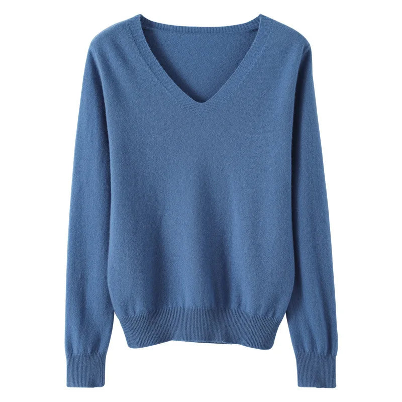 Women's Sweater 2025 Autumn Winter Knitted Pullovers V-neck Slim Fit Bottoming Shirt Solid Soft Knitwear
