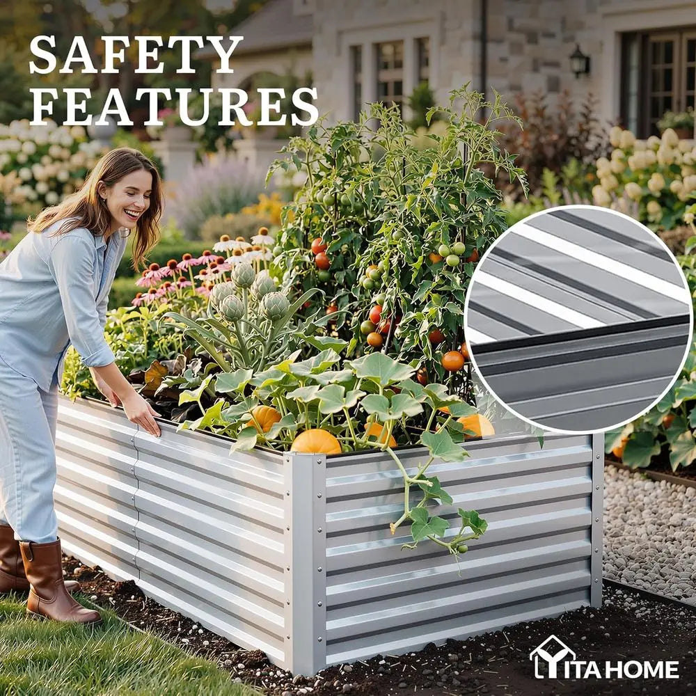 8x4x2t 2pcs Large Raised Garden Bed Kit, Galvanized Metal Planter Box with Gloves, Ground Nails & Saety Rubber, Outdoor Above Gr
