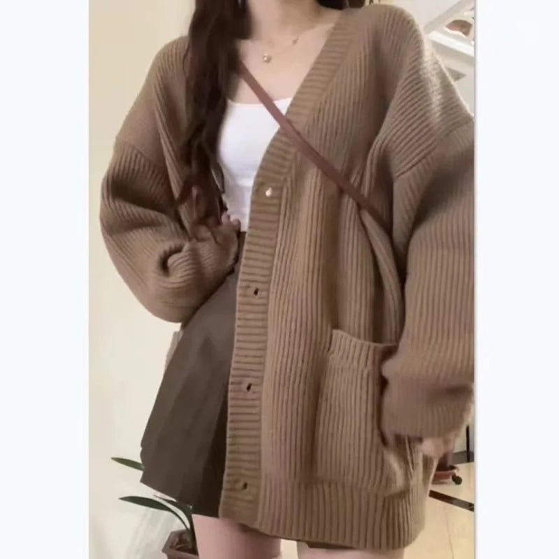 Autumn Winter Women Cardigan Sweater Coats Fashion Long Sleeve V-neck Loose Knitted Jackets Casual Sweater Cardigans
