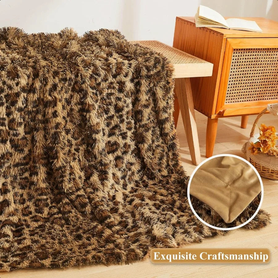Luxury Faux Fur Leopard Print Throw Soft 50x60 Cheetah Print Fluffy Blanket Shaggy Plush Decorative