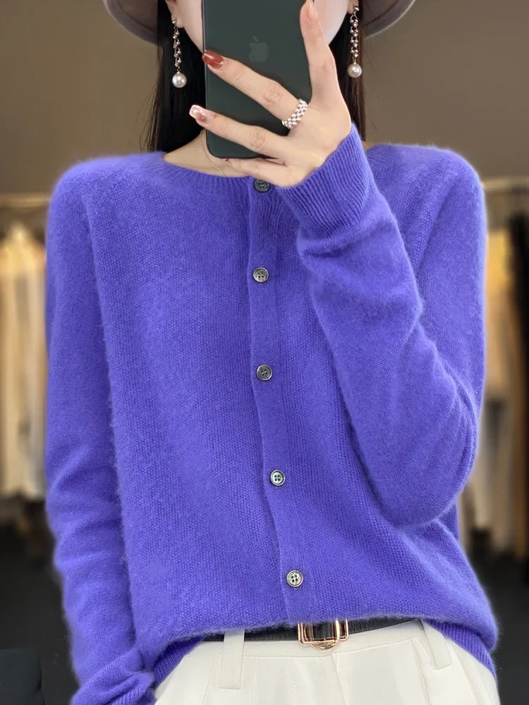 Long Sleeve 100% Merino Wool Sweaters Cashmere Cardigan Spring Autumn Women O-Neck Knitwear