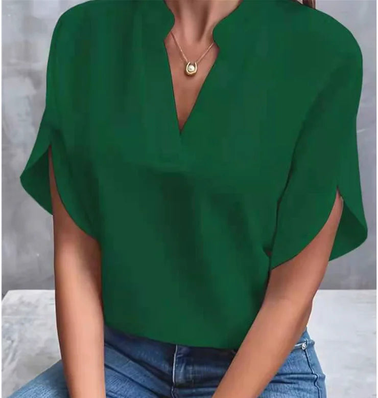 Elegant Women's Blouse New V-neck Short Sleeve Solid Color Loose Shirt Casual  Office