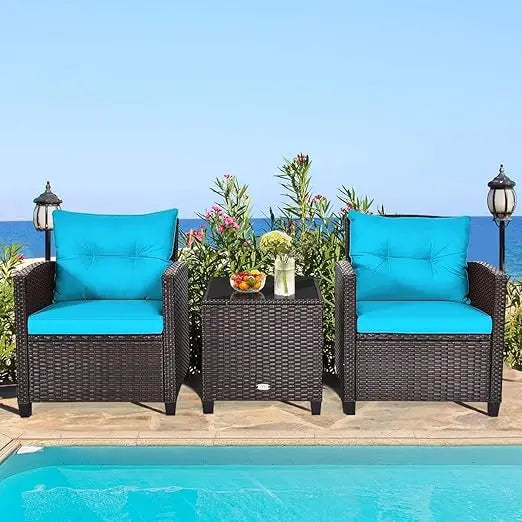 3 Pieces Patio Furniture Set Outdoor Furniture Rattan Wicker Chairs and Table Set, Washable Cushions Tempered Glass Coffee Table
