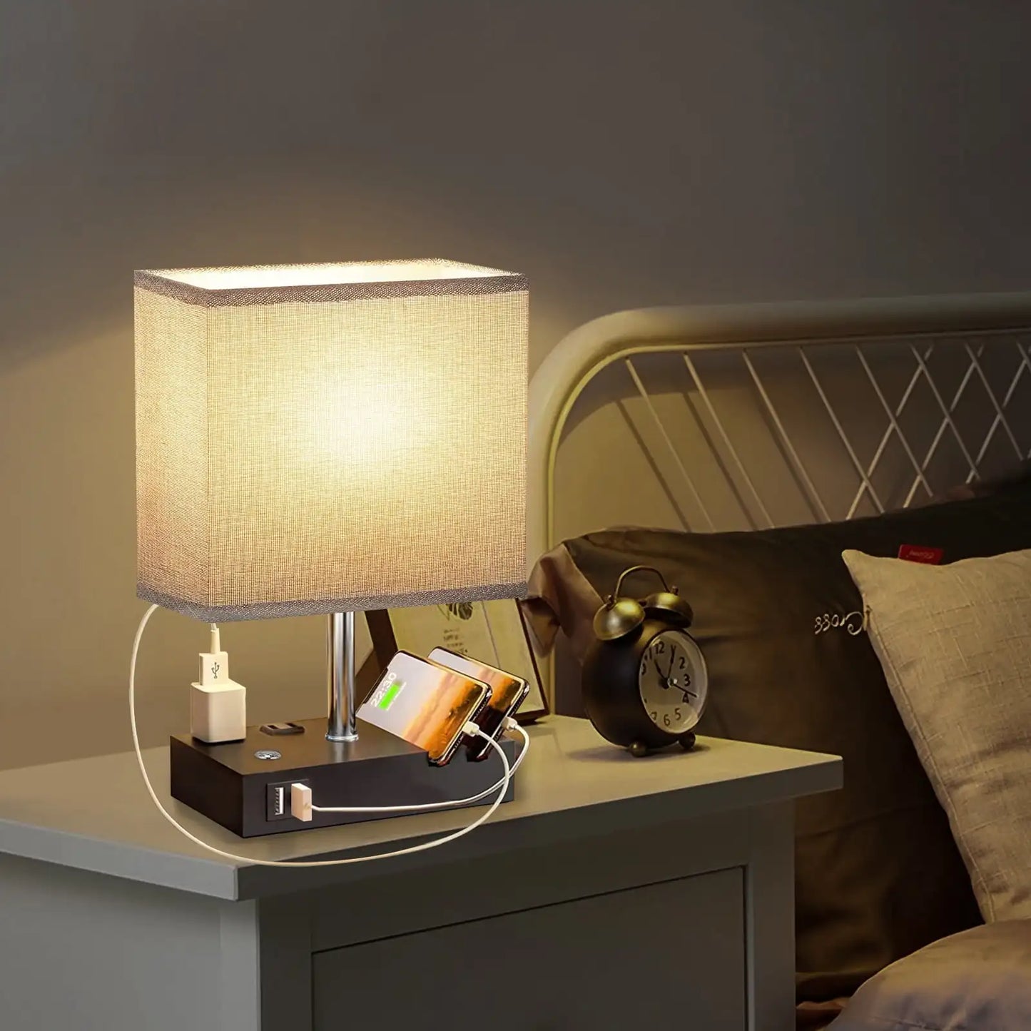 15.7" Bedside Table Lamp for Bedroom, Dual Fast USB Charging Ports, Fully Dimmable Nightstand Lamps