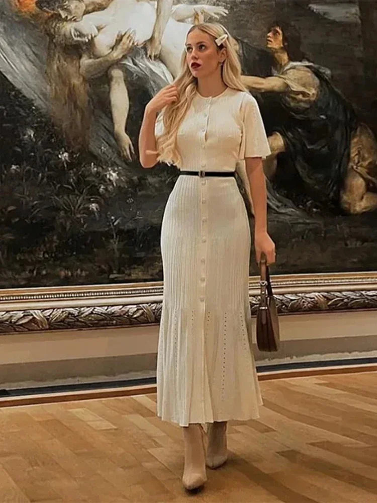 Elegant Knitted Dress Women Solid Single Breasted O Neck Short Sleeve High Waist Hip Package Dresses