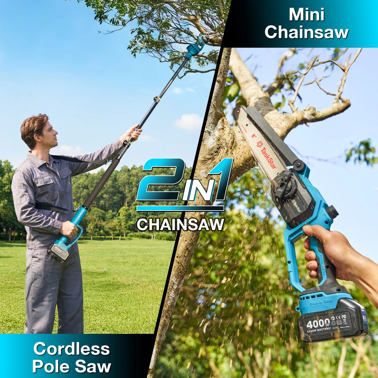 TaskStar 2-in-1 Electric Pole Saw 8" Cordless Chainsaw&Telescopic Pole 15Ft Max Reach High Branch Pruning Tool 2 4.0Ah Batteries