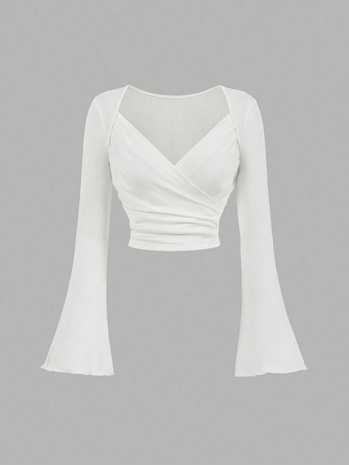 Women's casual slim solid color large V-neck short flared cuff long sleeve T-shirt