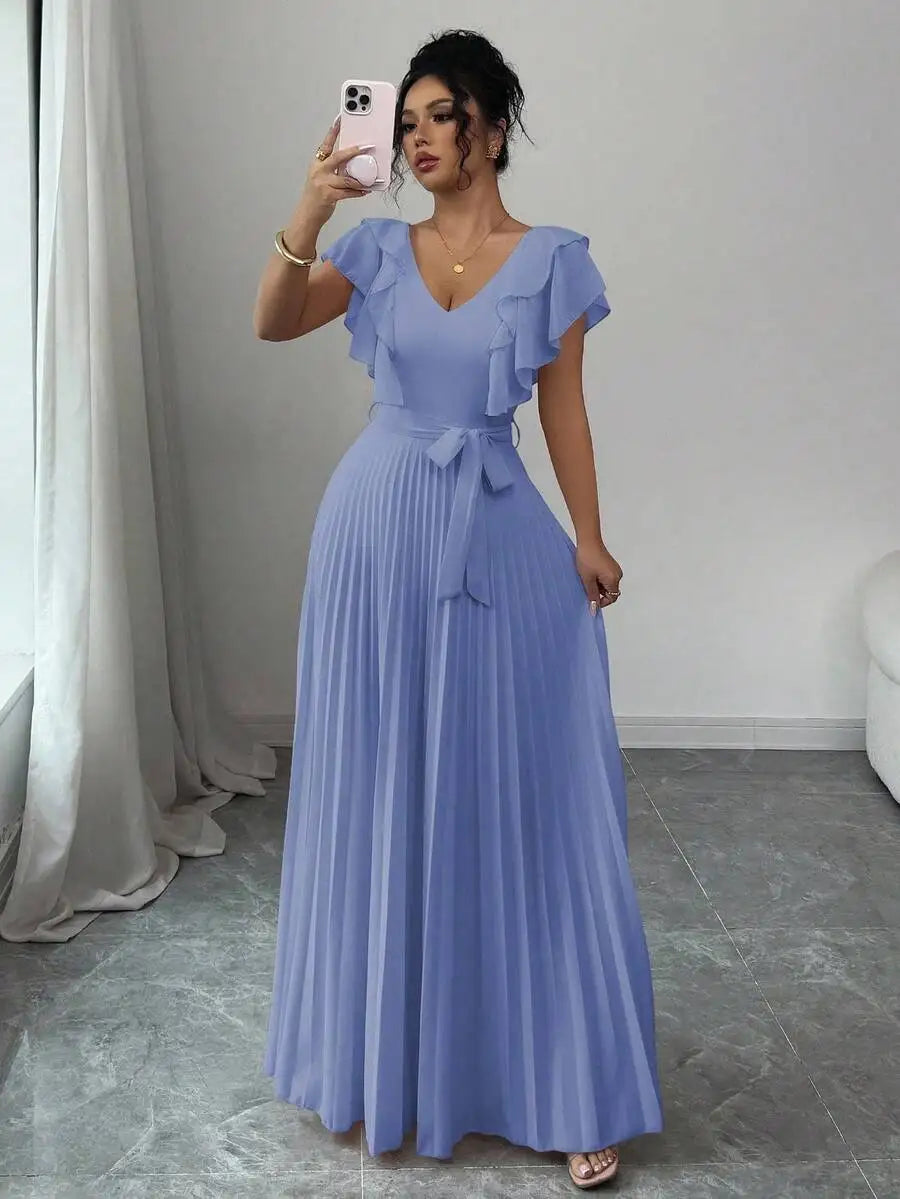 V-Neck Ruffle Sleeve Pleated A-Line Maxi Dress with Waist Tie