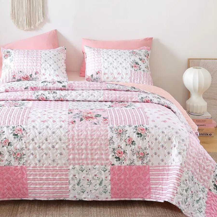 Quilt Sets Queen Size Floral Quilt Set 3 Pieces Bedding Set Bedspreads Pink Comforter Blanket with 2 Pillow Cases Ultra Soft Flo