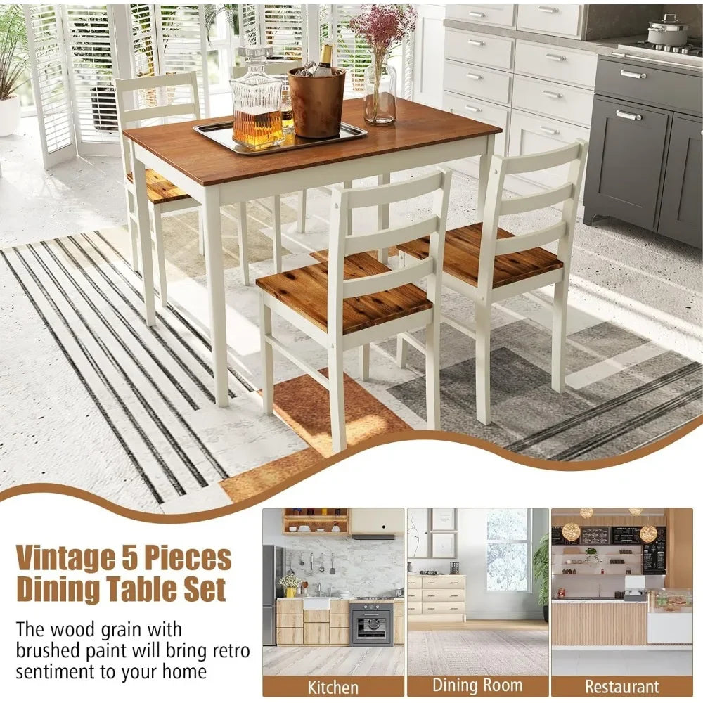 Dining Table Set for 4, Farmhouse Solid Wood