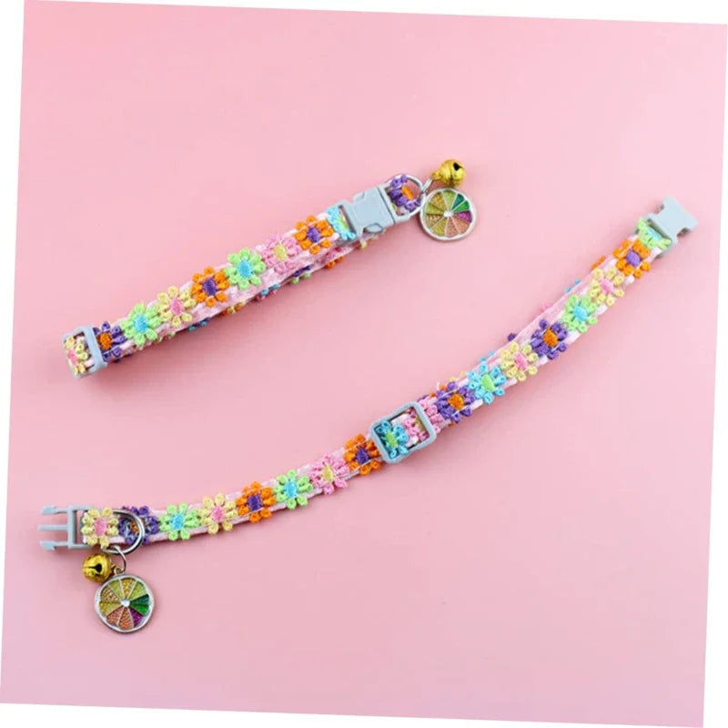 Fashion Rainbow Flower Cat Collar With Bell Kitten Puppy Necklace Adjustable Buckle Lace Kitten Collar Dog Accessories