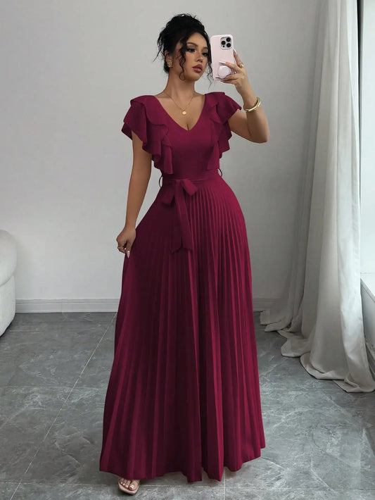 V-Neck Ruffle Sleeve Pleated A-Line Maxi Dress with Waist Tie