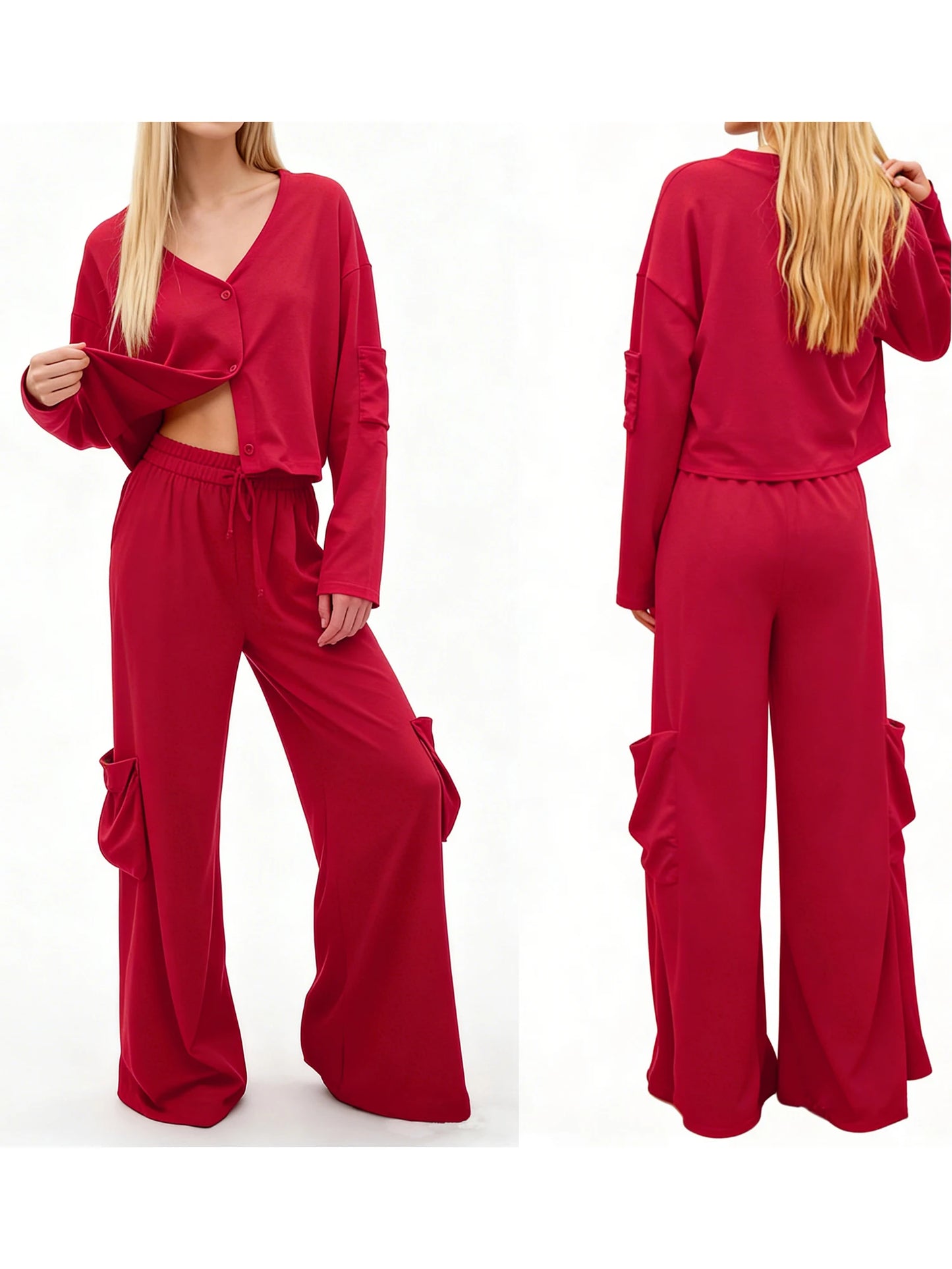 Elegant Women s Suit Stylish Blazer with Button Closure and Matching Elastic Waist Pants for a Chic 2-Piece Outfit