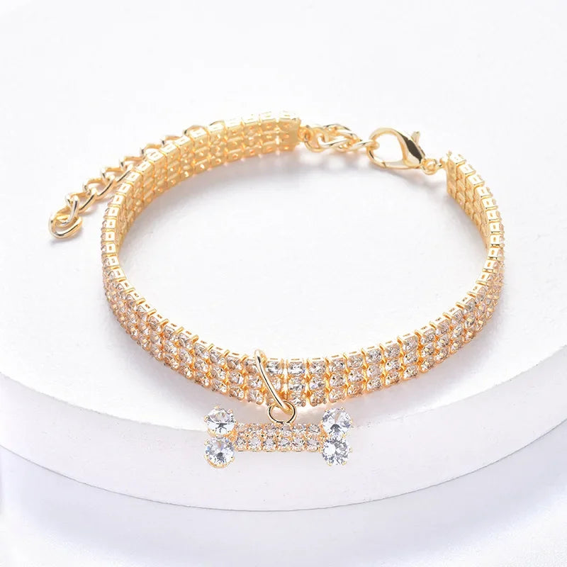 Adjustable Pet Necklace Cat Dog Collar with Diamond Zircon Bone Pendant Jewelry Luxury Metal Copper