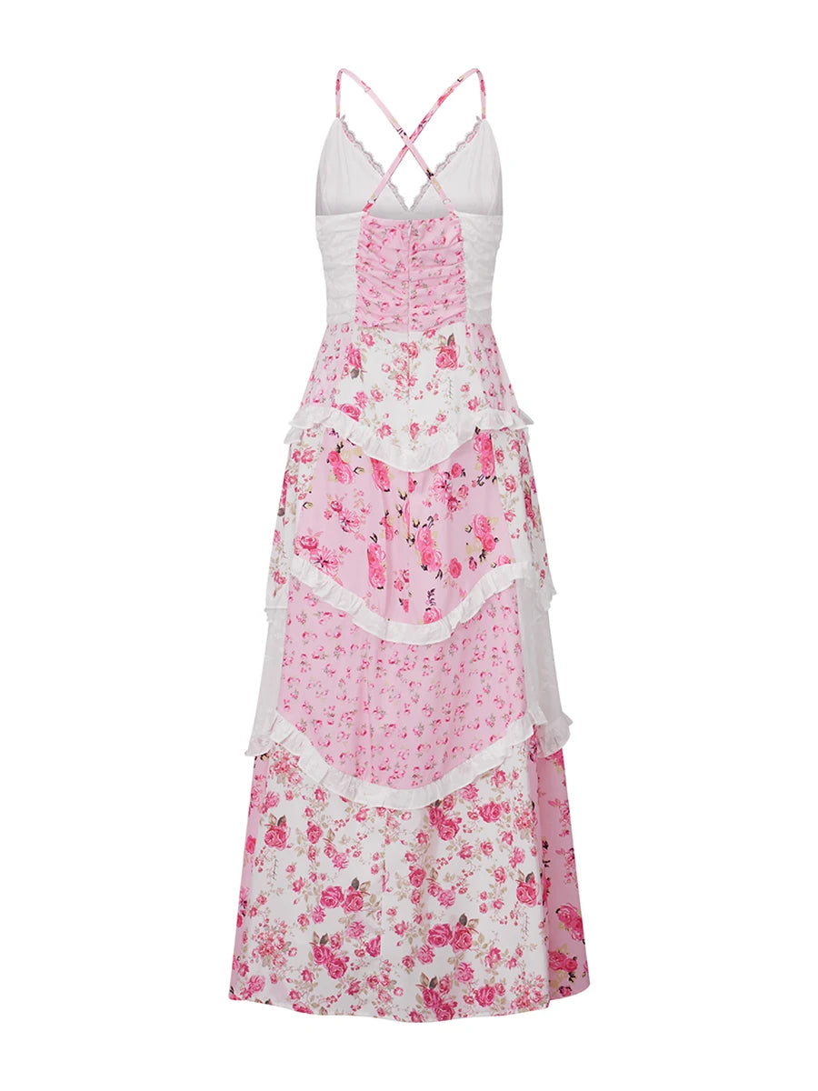 Elegant Boho Chic Maxi Dress with Floral Print and Delicate Lace Details sleeveless