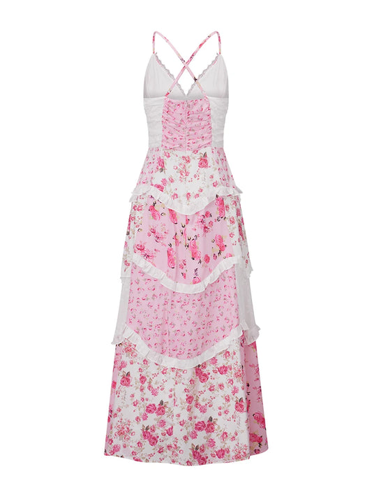 Elegant Boho Chic Maxi Dress with Floral Print and Delicate Lace Details sleeveless