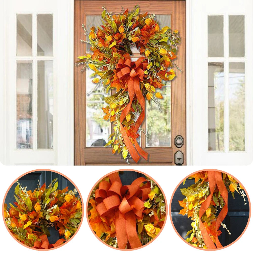 Thanksgiving Farmhouse Wreath Autumn Scene Decor Maple Leaf Artificial Wreath